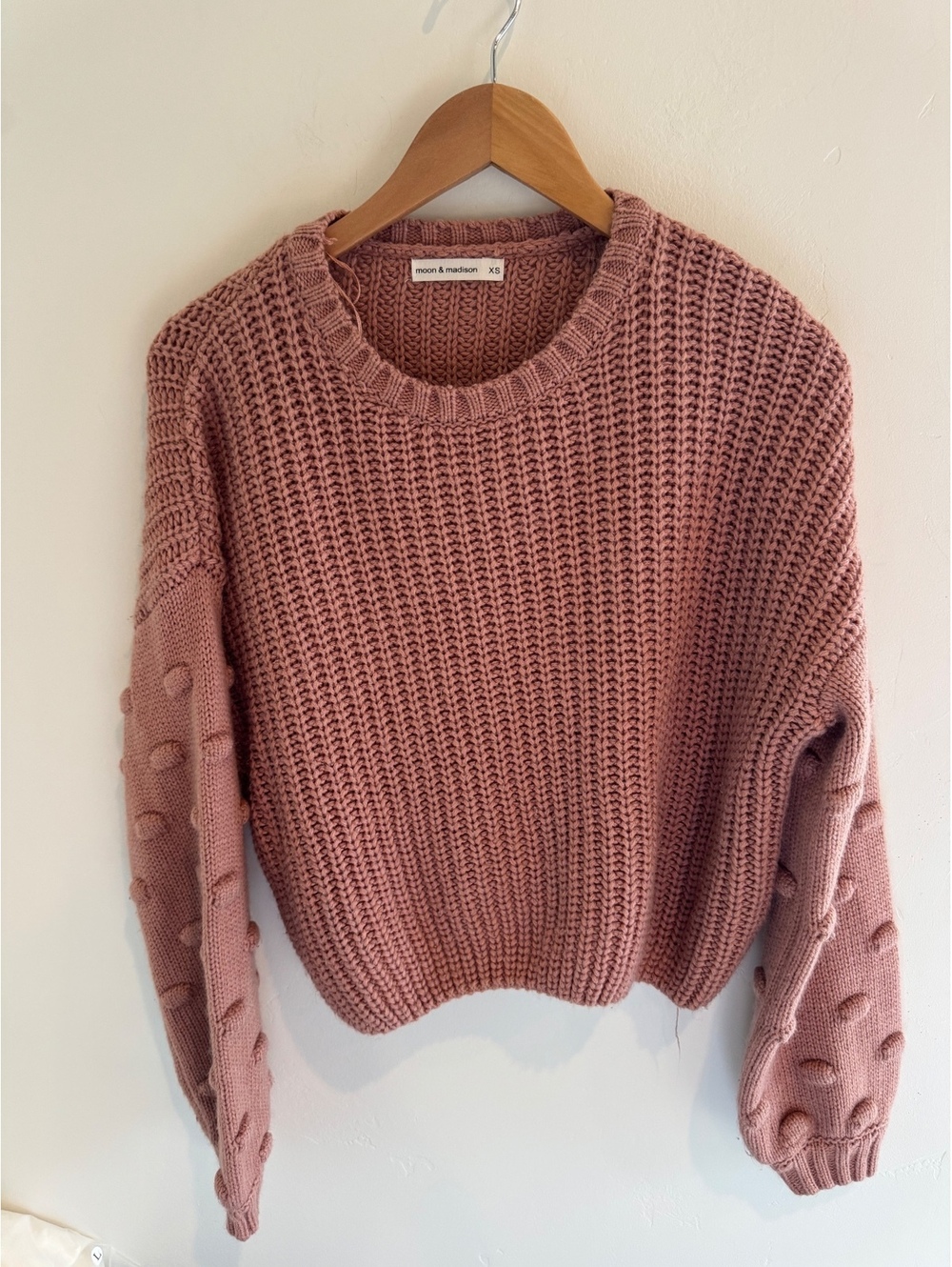 Moon & Madison Dusty Rose Chunky Knit Pom Sleeve Sweater Size XS